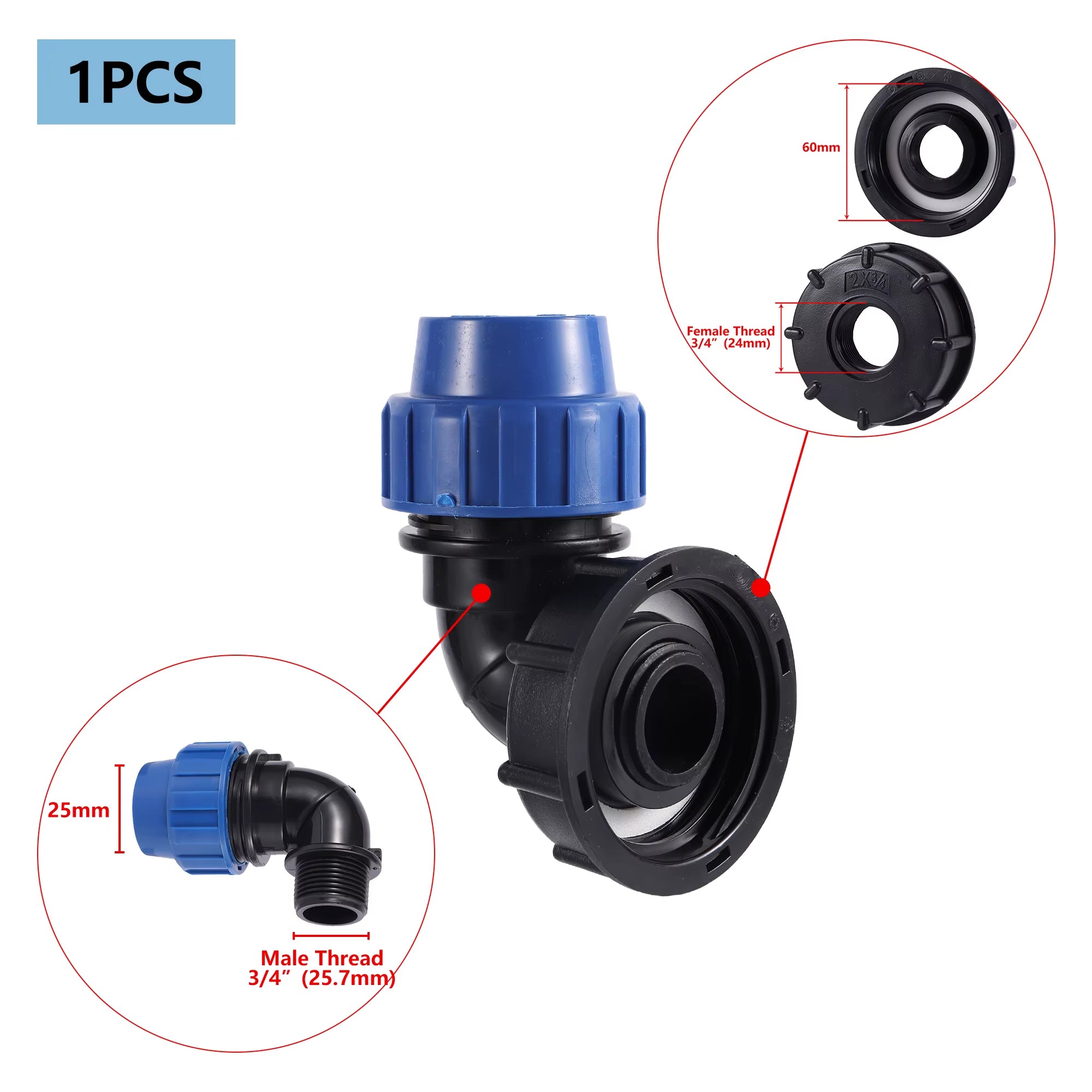 Accesorio de tanque IBC 20/25/32mm S60 IBC reductor de tanque Tee a adaptador de riego de jardín conector de agua de jardín