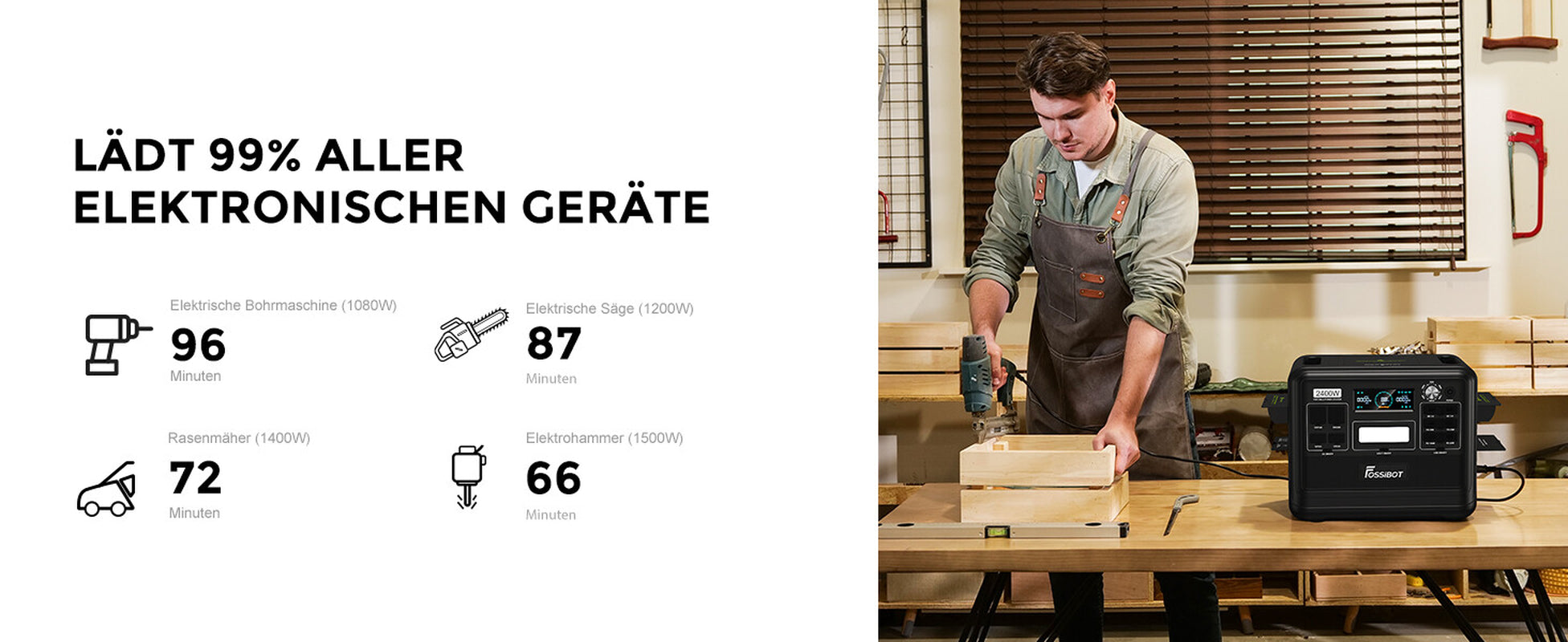 Fossibot Portátil Reino Unido-Powerstation F2400 2048Wh 2400W 4800Wpeak Generador Solar BT