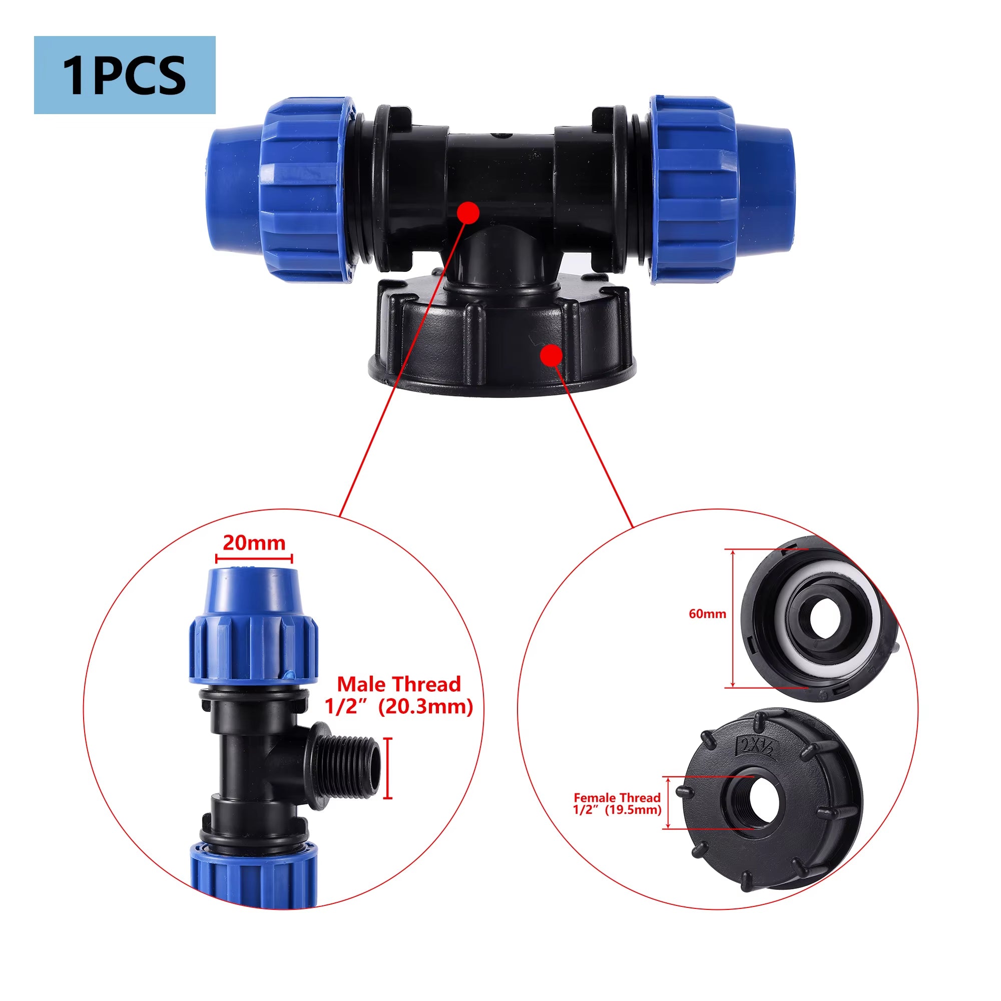 Accesorio de tanque IBC 20/25/32mm S60 IBC reductor de tanque Tee a adaptador de riego de jardín conector de agua de jardín