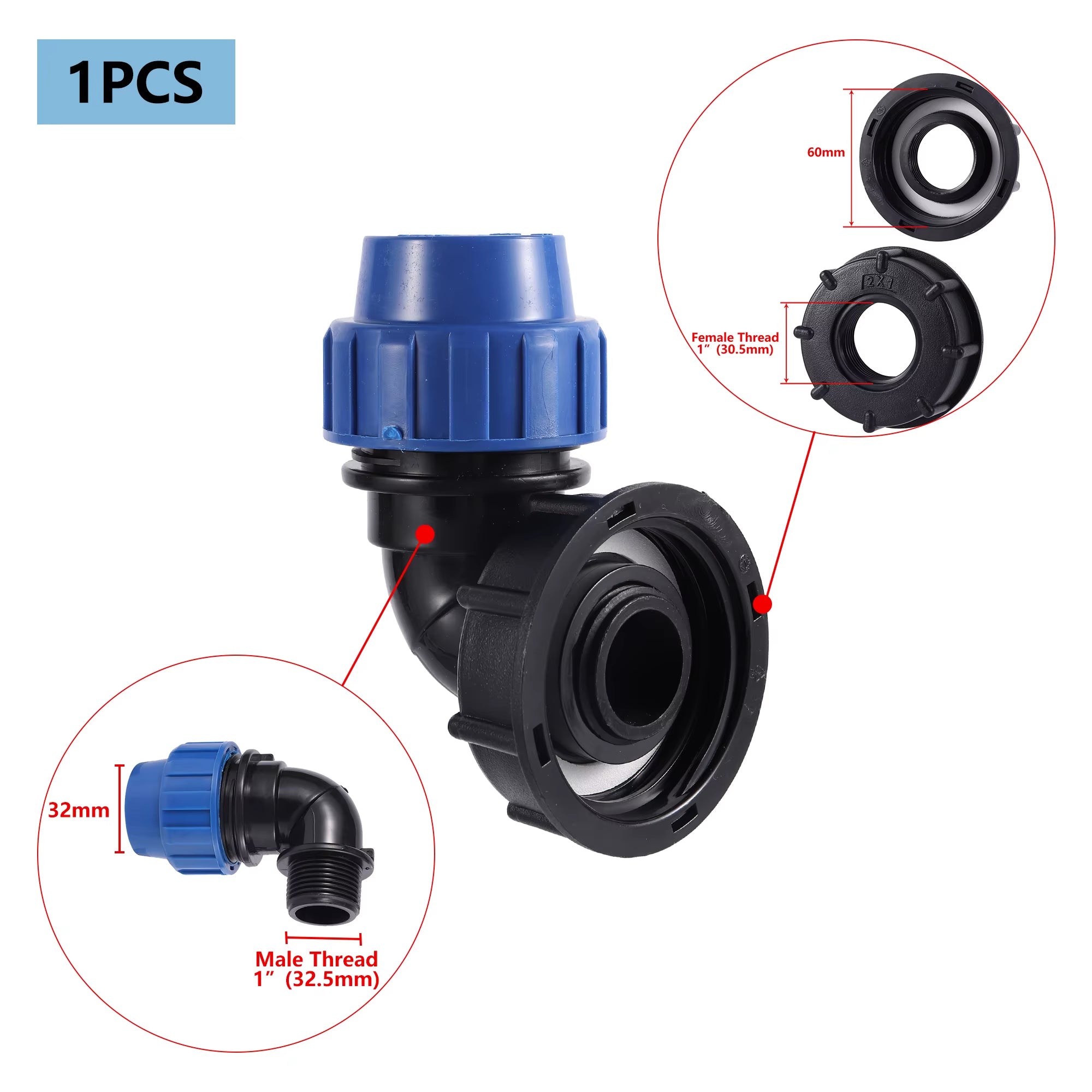 Accesorio de tanque IBC 20/25/32mm S60 IBC reductor de tanque Tee a adaptador de riego de jardín conector de agua de jardín