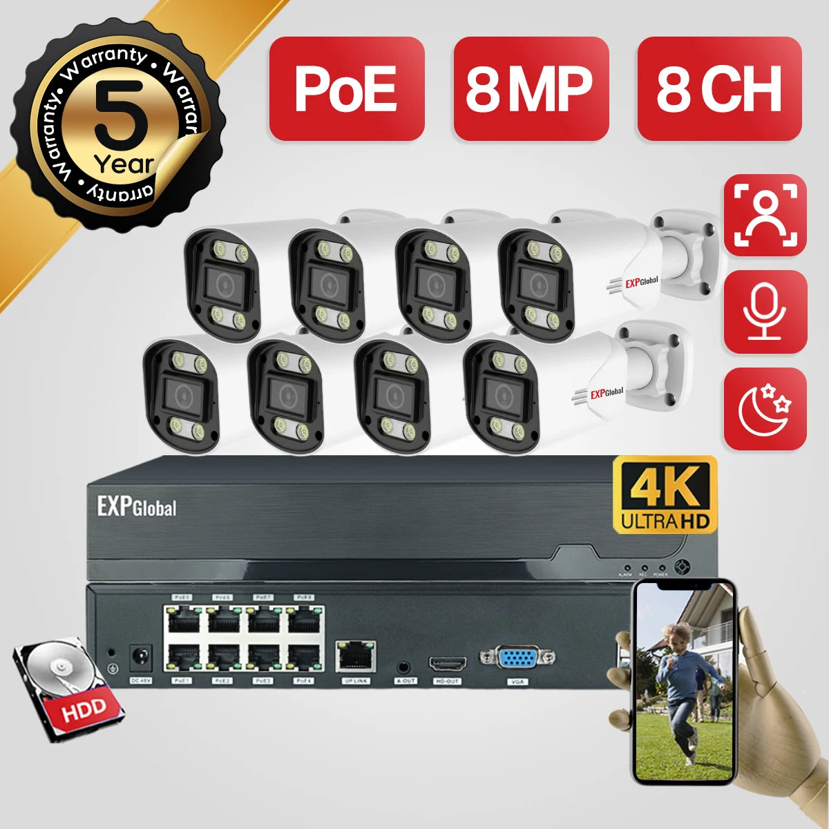 8MP 5MP POE Outdoor Security Camera System Home CCTV Kit Video Surveillance Kit 4Ch Nvr Audio Outdoor IP Camera