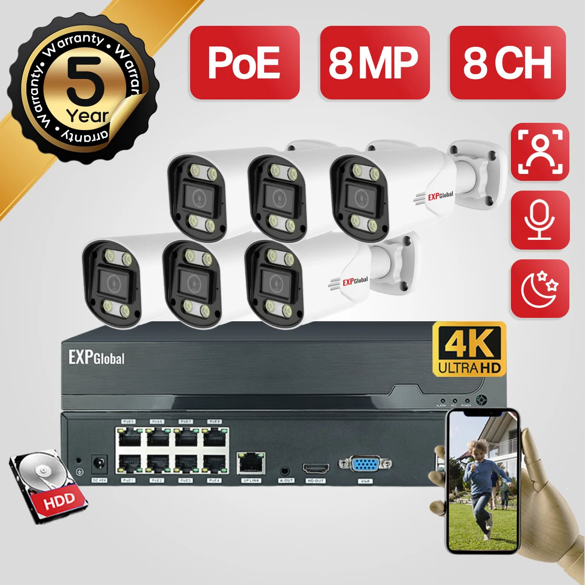 8MP 5MP POE Outdoor Security Camera System Home CCTV Kit Video Surveillance Kit 4Ch Nvr Audio Outdoor IP Camera