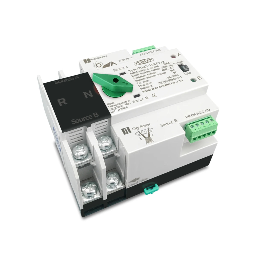 Single Phase Din Rail ATS for PV and Inverter Dual Power Automatic Transfer Selector Switches Uninterrupted 2P 63A 100A 125A