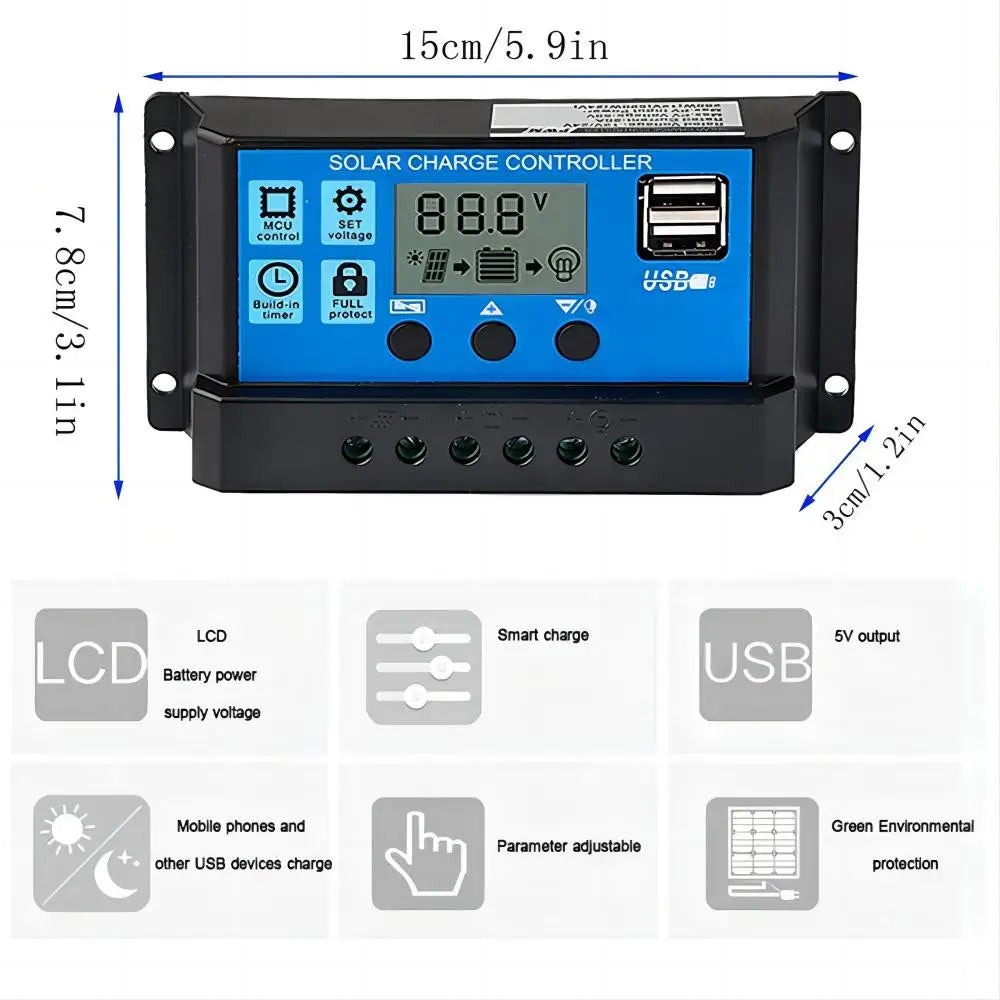Solar Panel Charge Controller 12V 24V MPPT PWM 10A 20A 30A Automotive Battery Charger Regulator USB Output 5V Max PV 50V DC