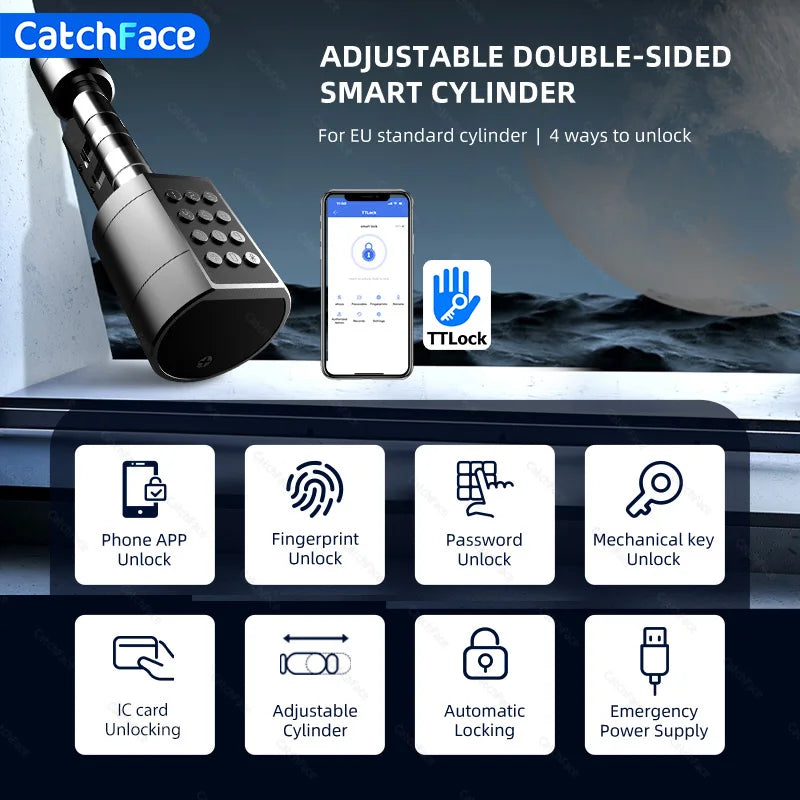 Catchfcae New Adjustable Replacement Ttlock APP Fingerprint FRID Card Password Cylinder Electronic Smart Door Lock Digital