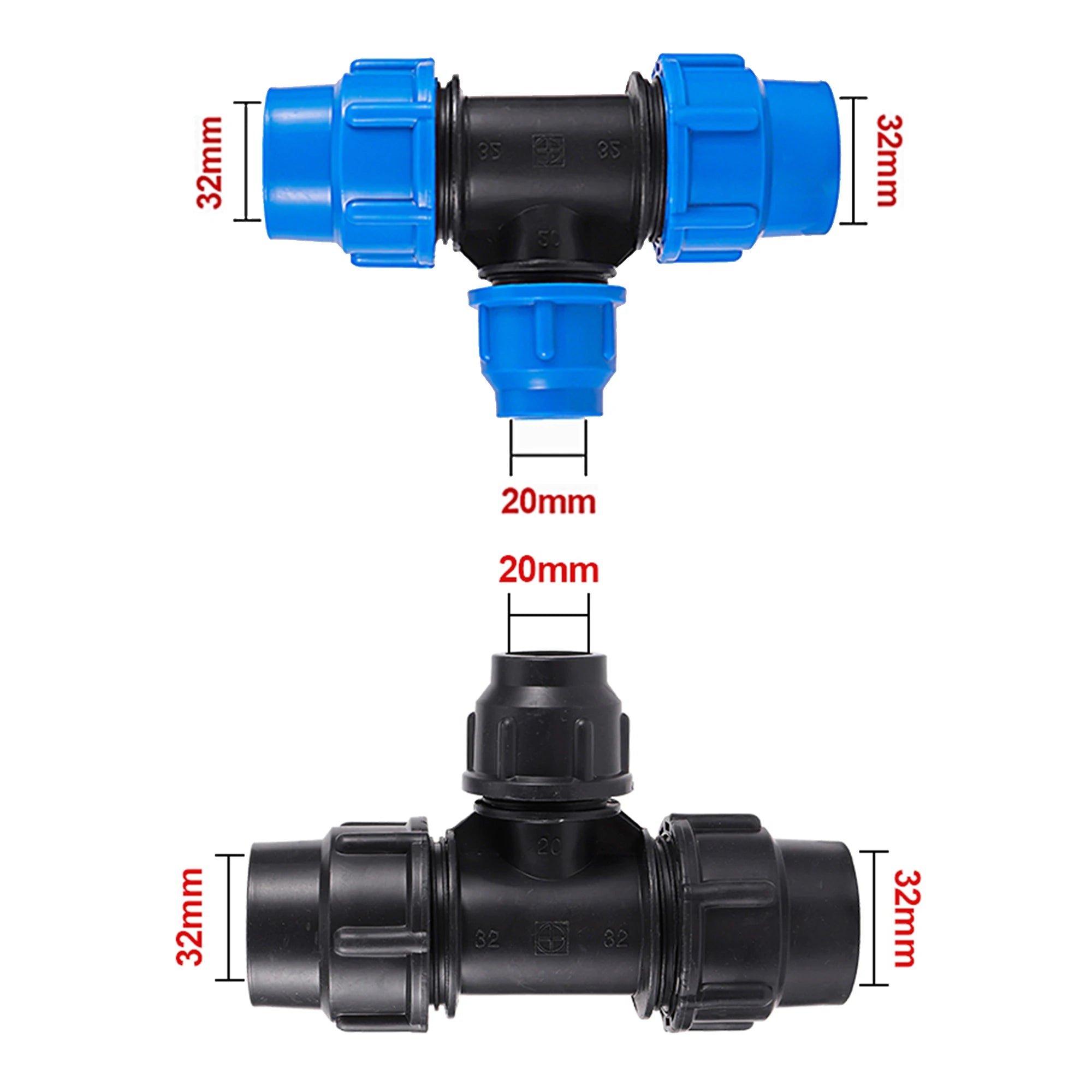 Conector de manguera reductor en T de tubo de PE de 20/25/32/40/50mm, accesorios para mangueras de riego de jardín, desviador de plástico