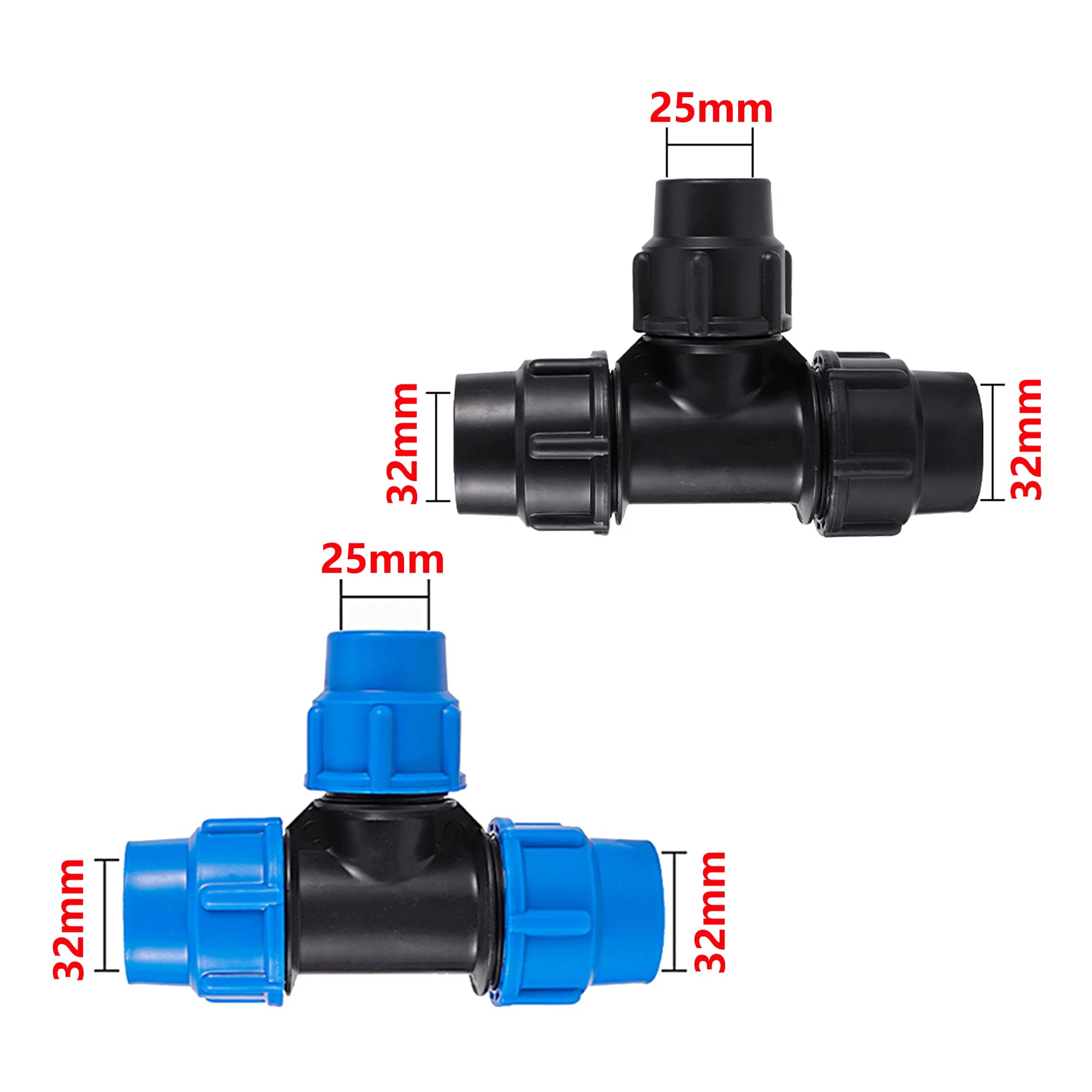 Conector de manguera reductor en T de tubo de PE de 20/25/32/40/50mm, accesorios para mangueras de riego de jardín, desviador de plástico