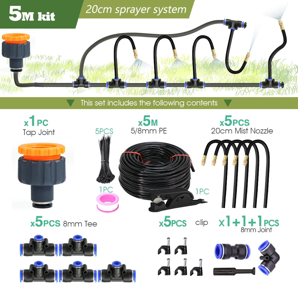 30M-5M DIY Free Bending Universal Sprayer Kit 8Mm Hose Patio Misting Cooling System for Garden Plant Fogging Watering Irrigation