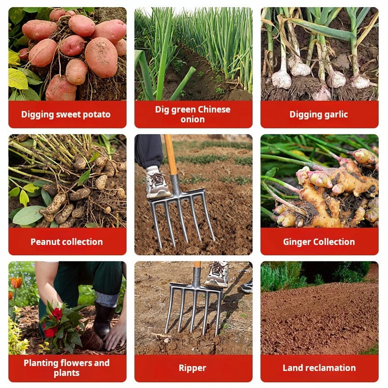 Agricultural Loose Soil Fork Manual Garden Soil Turning Artifact Steel Fork for Land Reclamation and Excavation Faming Tools
