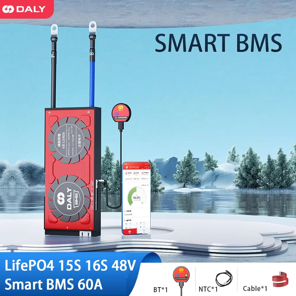 Daly Smart BMS Lifepo4 15S 16S 48V 60A APP BMS Bluetooth UART Port Solar Energy Inverter Power Bank