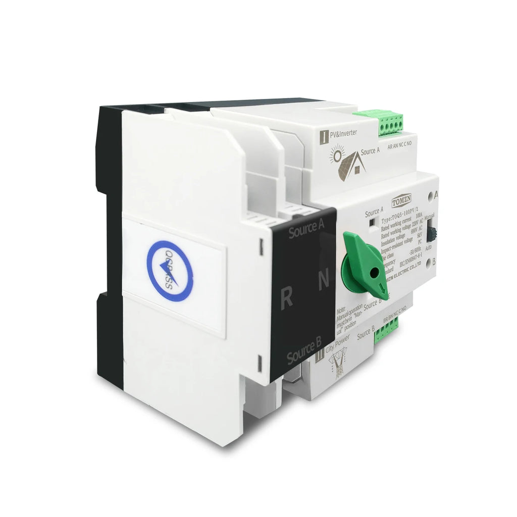 Single Phase Din Rail ATS for PV and Inverter Dual Power Automatic Transfer Selector Switches Uninterrupted 2P 63A 100A 125A