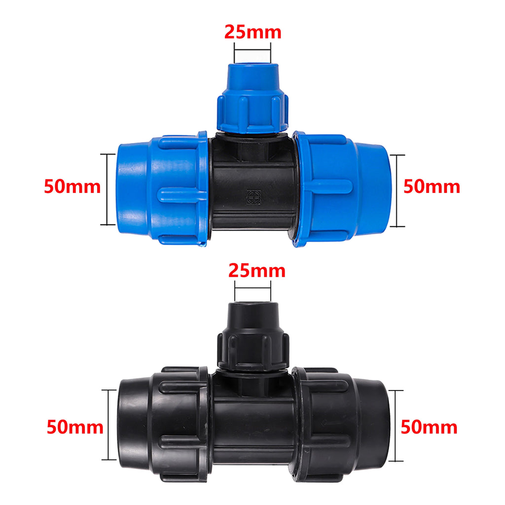 Conector de manguera reductor en T de tubo de PE de 20/25/32/40/50mm, accesorios para mangueras de riego de jardín, desviador de plástico