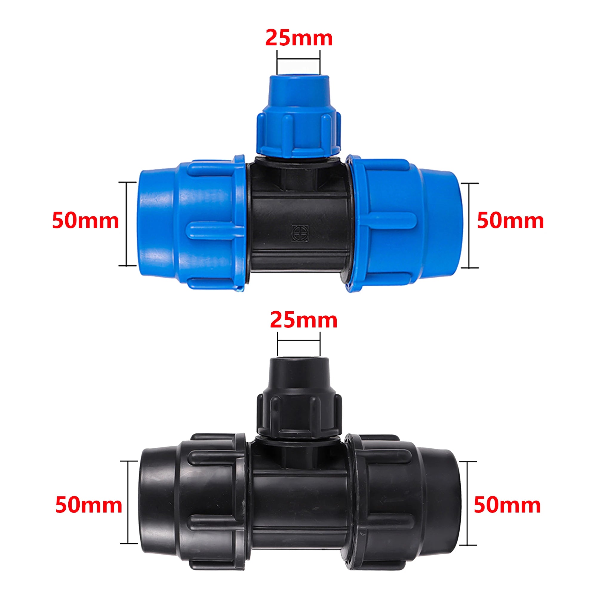 Conector de manguera reductor en T de tubo de PE de 20/25/32/40/50mm, accesorios para mangueras de riego de jardín, desviador de plástico