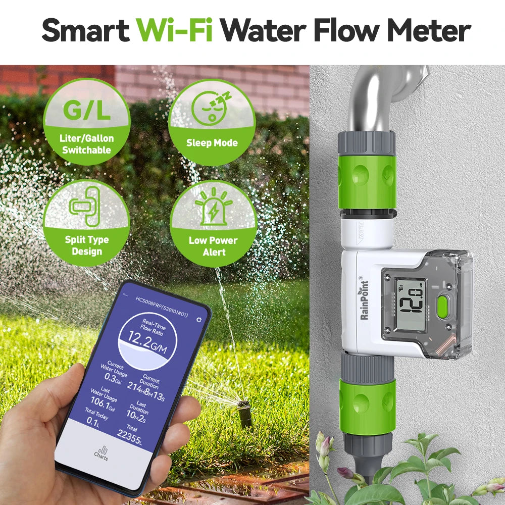 Wifi Digital Water Flow Meter IPX6 3/4" Outdoor Garden Faucet Hose Water Calculate Consumption History Monitor Flow Rate Control