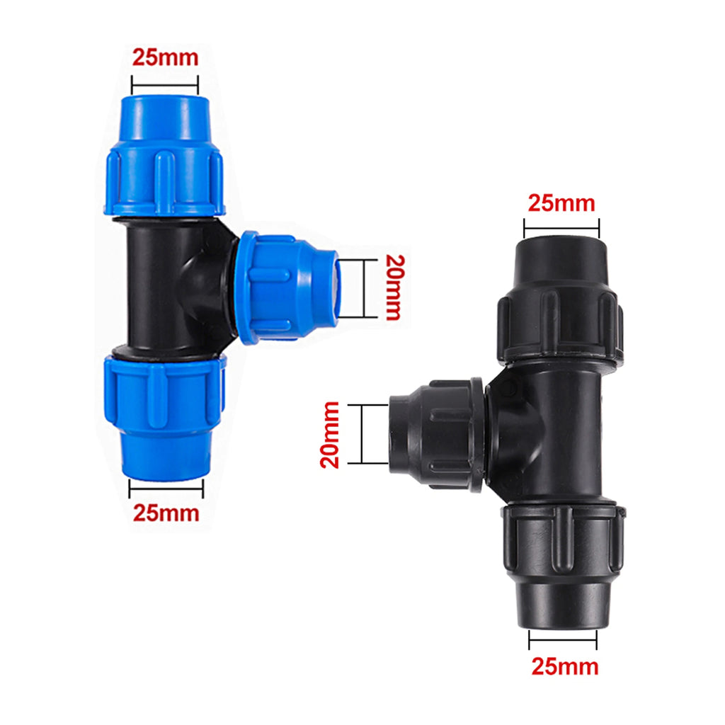 Conector de manguera reductor en T de tubo de PE de 20/25/32/40/50mm, accesorios para mangueras de riego de jardín, desviador de plástico