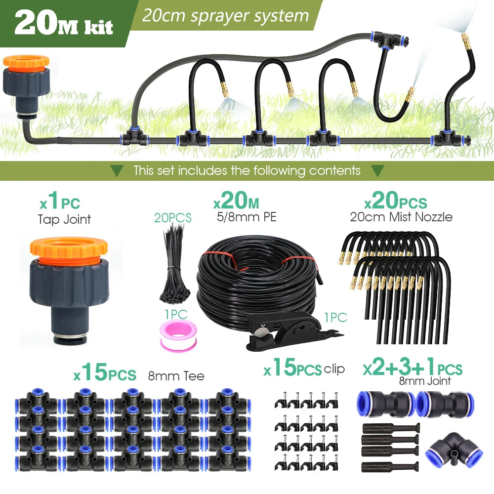 30M-5M DIY Free Bending Universal Sprayer Kit 8Mm Hose Patio Misting Cooling System for Garden Plant Fogging Watering Irrigation