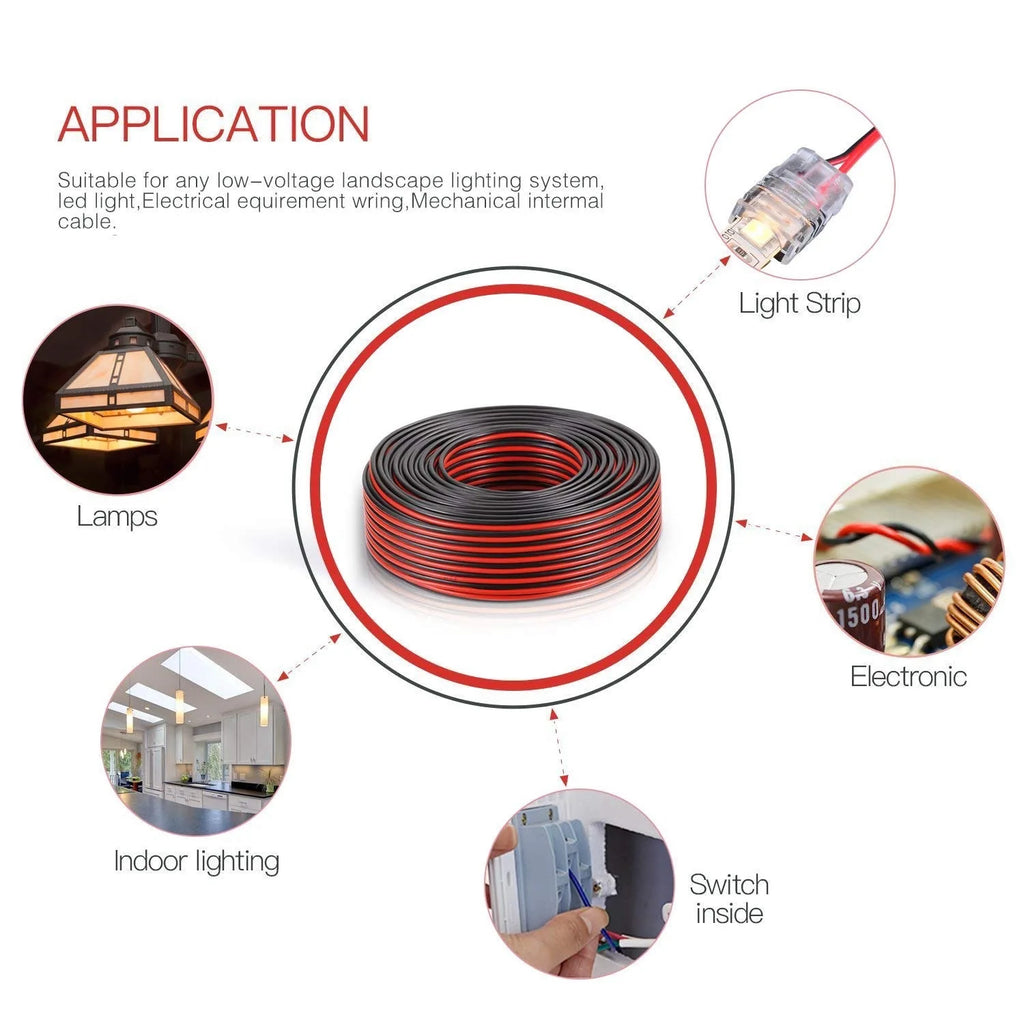 DC12V 2Pin Extension Electrical Power Wire 5M~100M Red Black Connect Cable 18 20 22 AWG PVC Copper Cord Line for LED Strip Light