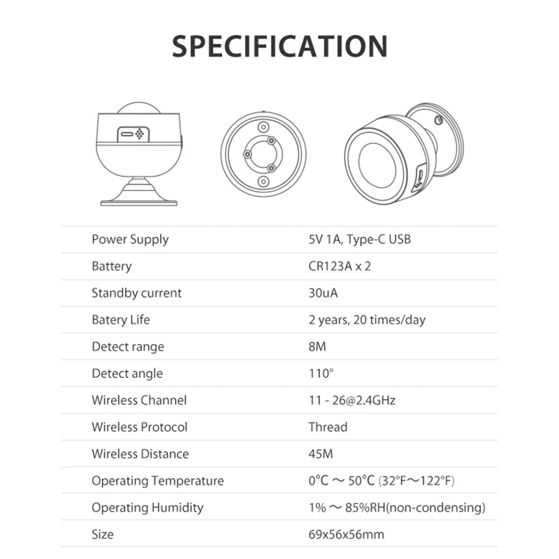 Matter Motion Sensor PIR Human Body Move with Temperature and Humidity Detector USB 5V/Batterytuya Samrt Life Home Automation