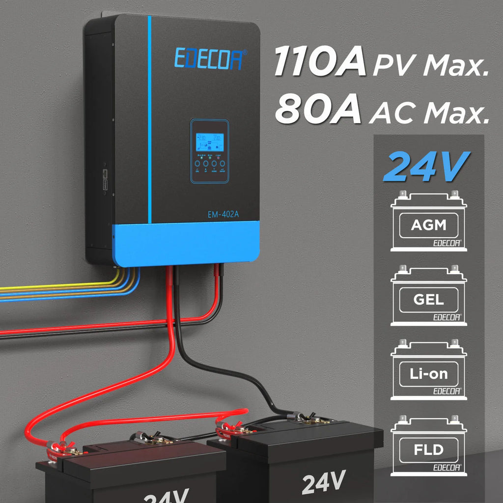 EDECOA 4KW Hybrid Solar Inverter 24V 220V 230V MPPT 110A Solar Charger Pure Sine Wave Inverter Compatible with Lifepo4 Battery