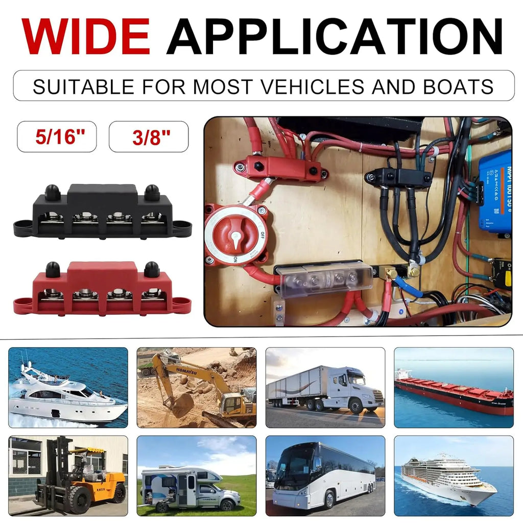 2Pcs 4 Stud Busbar Bus Bar Power Distribution M8 M10 Battery Terminal Distribution Block Marine Bus Bar, Automotive 12V 250A