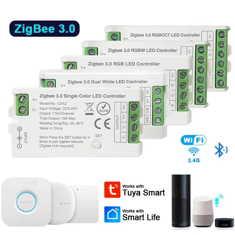 Zigbee 3.0 LED Controller for Dim CCT RGB RGBW RGBCCT LED Strip DC5V-24V Wifi BT Remote Bridge Tuya Alexa Gateway Voice Control