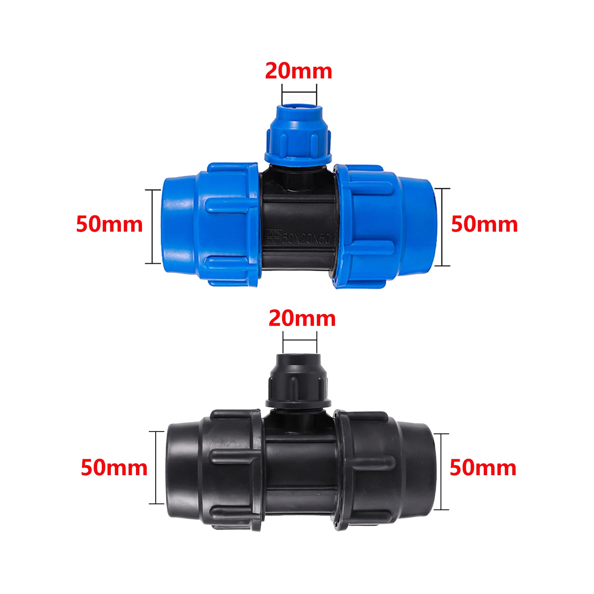 Conector de manguera reductor en T de tubo de PE de 20/25/32/40/50mm, accesorios para mangueras de riego de jardín, desviador de plástico