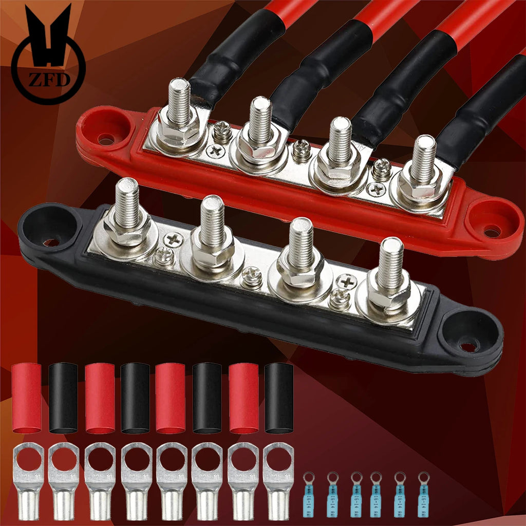 2Pcs 4 Stud Busbar Bus Bar Power Distribution M8 M10 Battery Terminal Distribution Block Marine Bus Bar, Automotive 12V 250A