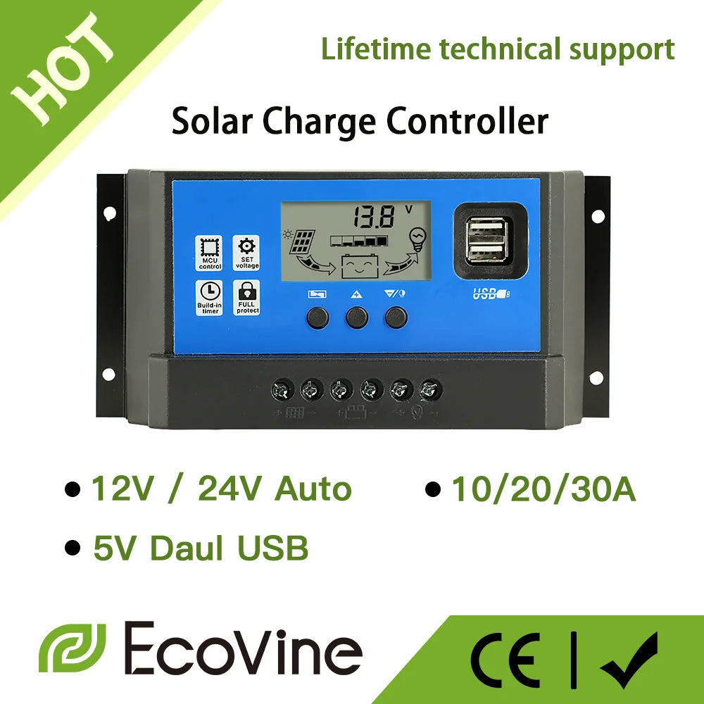 Solar Panel Charge Controller 12V 24V MPPT PWM 10A 20A 30A Automotive Battery Charger Regulator USB Output 5V Max PV 50V DC