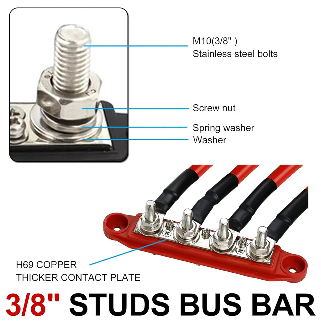 2Pcs 4 Stud Busbar Bus Bar Power Distribution M8 M10 Battery Terminal Distribution Block Marine Bus Bar, Automotive 12V 250A