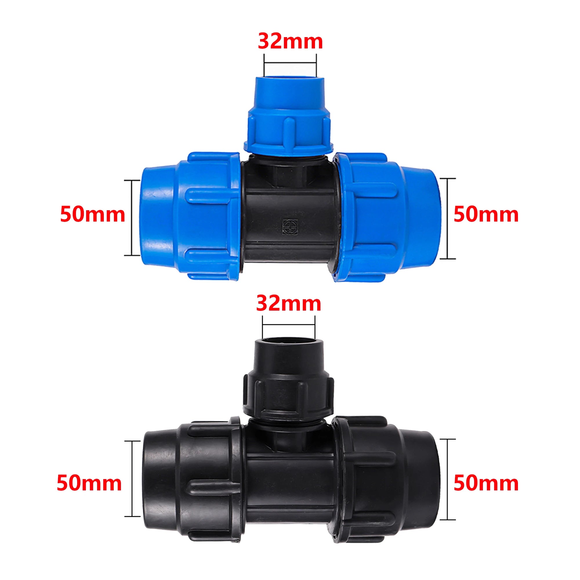 Conector de manguera reductor en T de tubo de PE de 20/25/32/40/50mm, accesorios para mangueras de riego de jardín, desviador de plástico