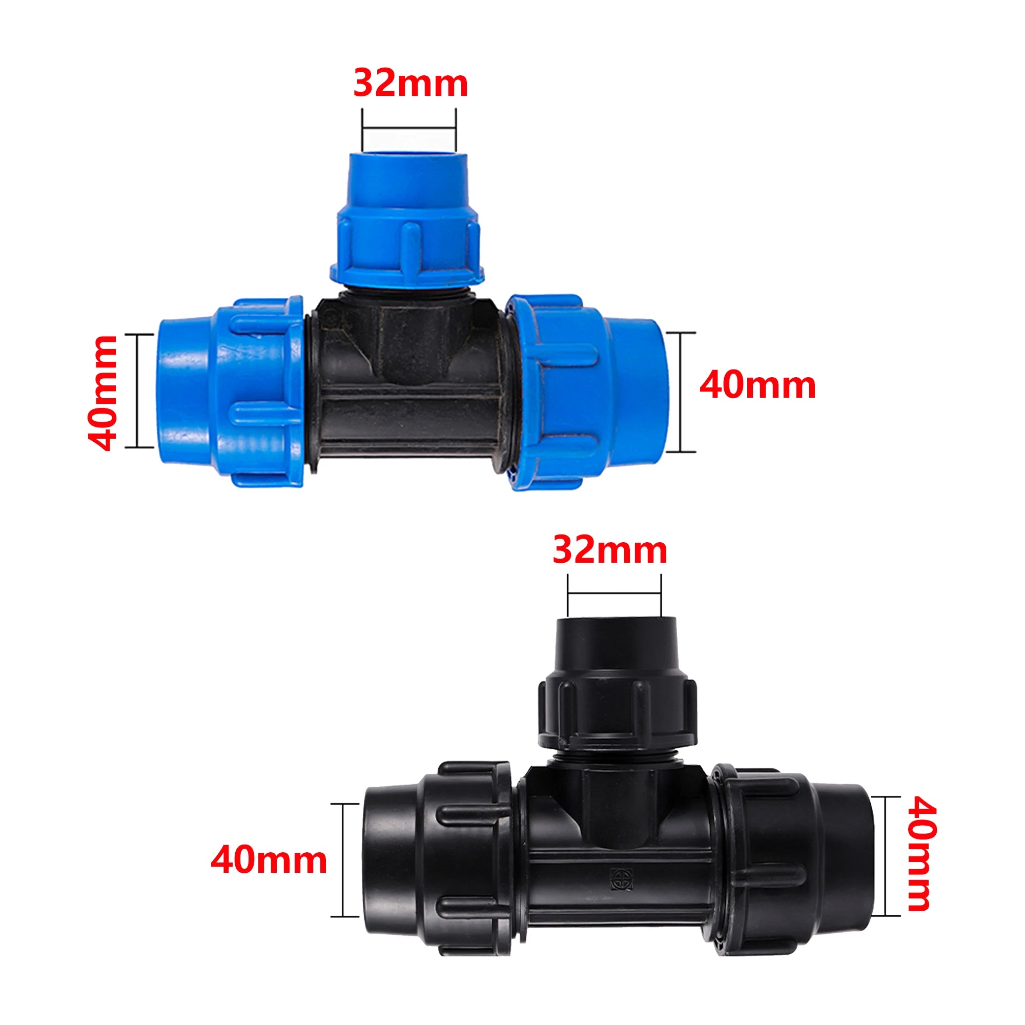 Conector de manguera reductor en T de tubo de PE de 20/25/32/40/50mm, accesorios para mangueras de riego de jardín, desviador de plástico