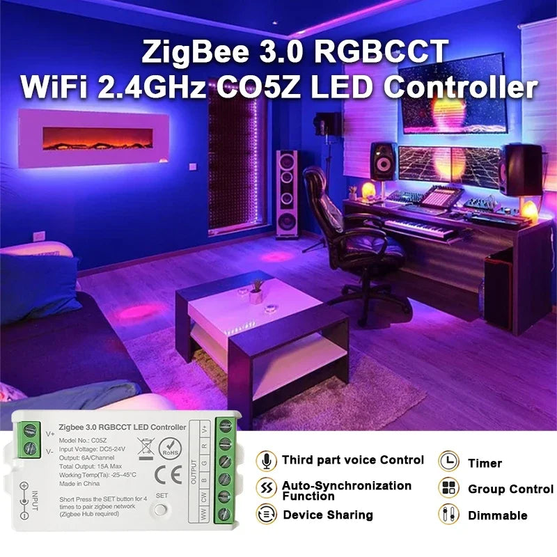 Zigbee 3.0 LED Controller for Dim CCT RGB RGBW RGBCCT LED Strip DC5V-24V Wifi BT Remote Bridge Tuya Alexa Gateway Voice Control