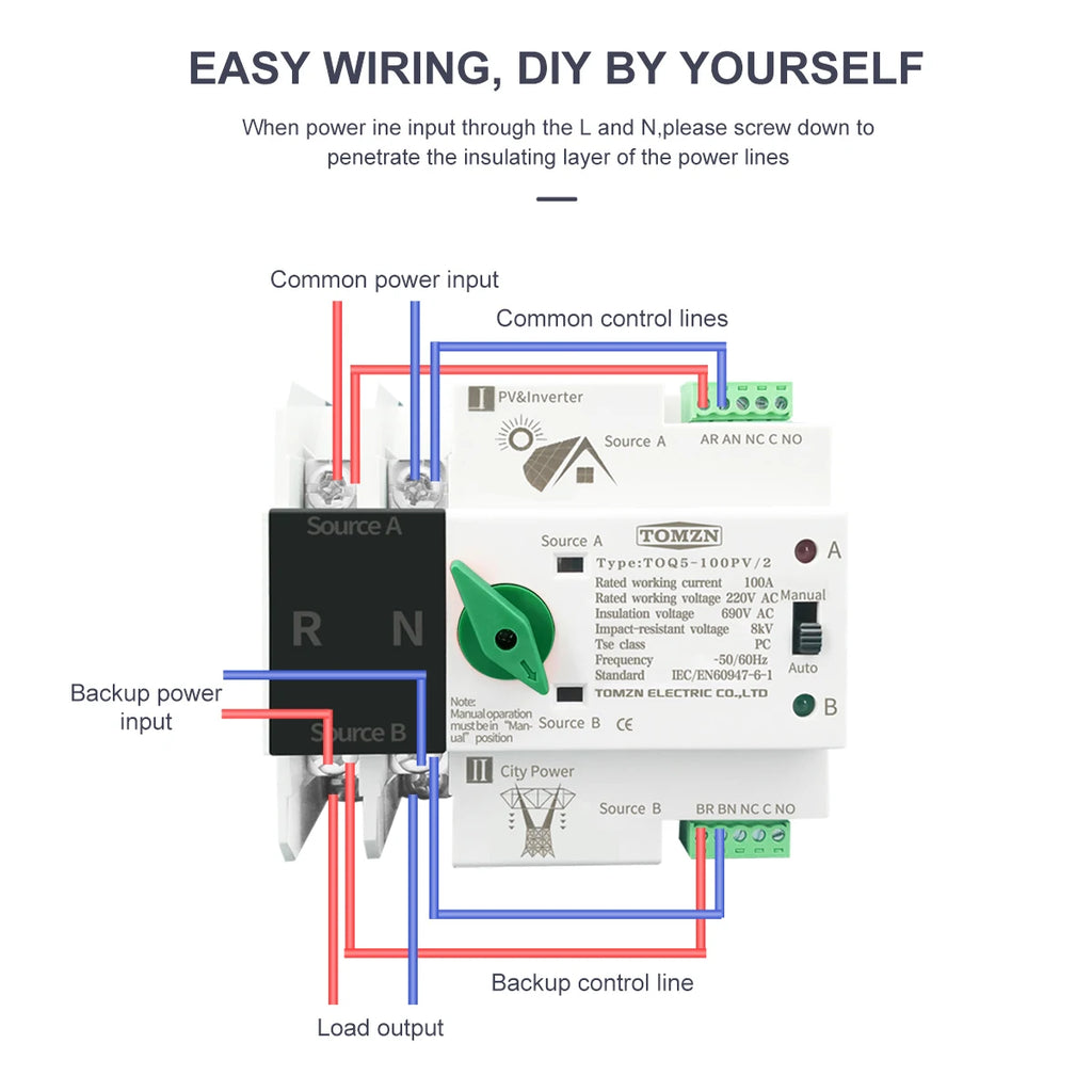 Single Phase Din Rail ATS for PV and Inverter Dual Power Automatic Transfer Selector Switches Uninterrupted 2P 63A 100A 125A