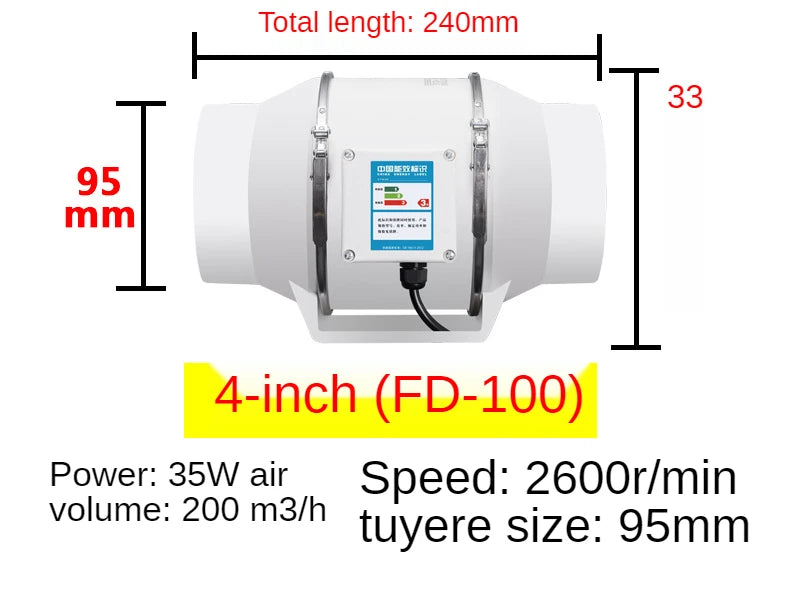 4Inch 220V Exhaust Fans Home Silent Inline Pipe Duct Fan Bathroom Extractor Ventilation Kitchen Toilet Wall Air Clean Ventilator