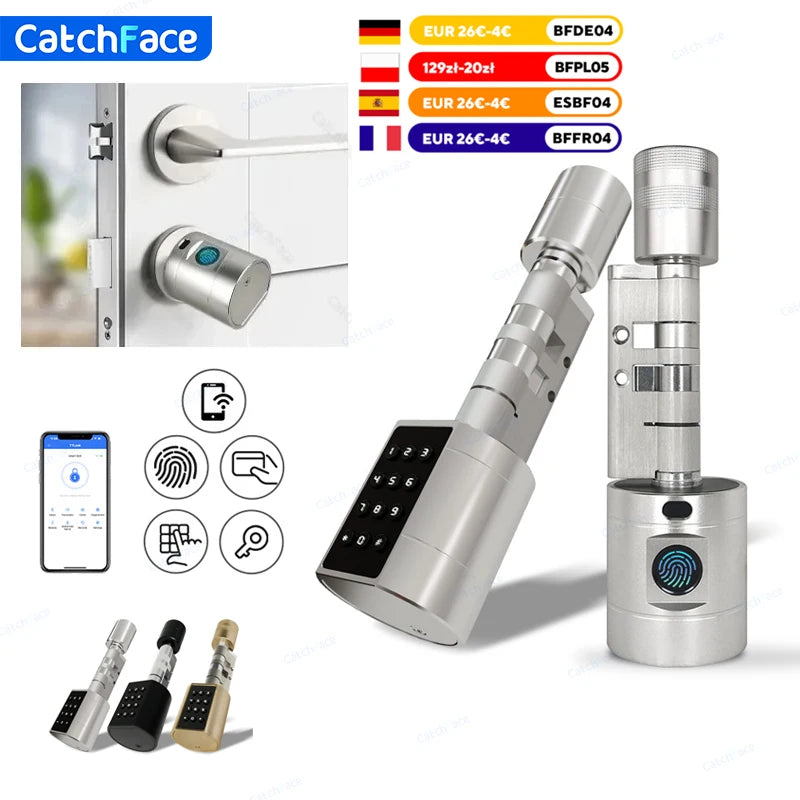 Catchfcae New Adjustable Replacement Ttlock APP Fingerprint FRID Card Password Cylinder Electronic Smart Door Lock Digital