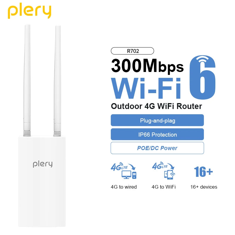 PLERY 300Mbps 4G Outdoor Router Insert a Sim Wifi6 16 User Wifi Signal Router Wifi Wireless Extender Amplifier Plug and Play