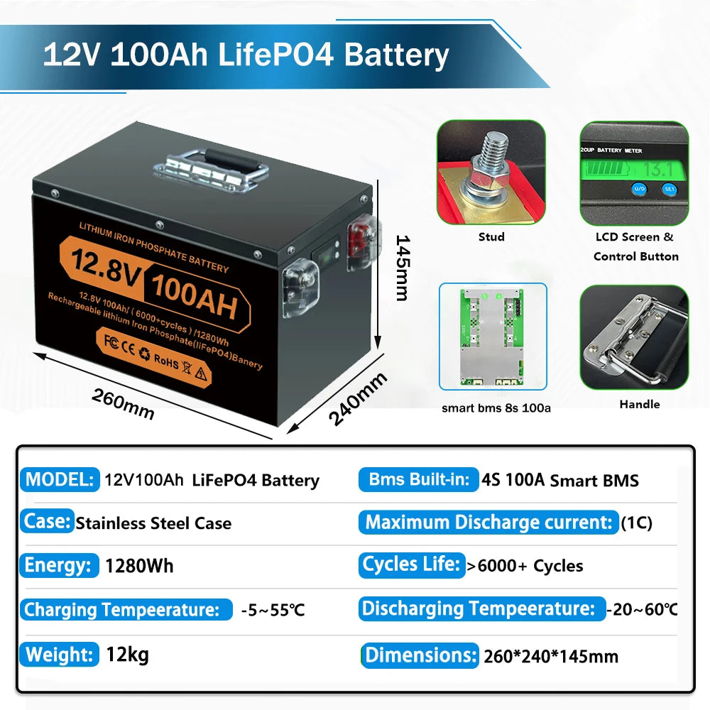 Brand New Lifepo4  Lifepo4 Lithium Battery 100A BMS 6000+ Cyclic for Inverter Solar RV No Tax