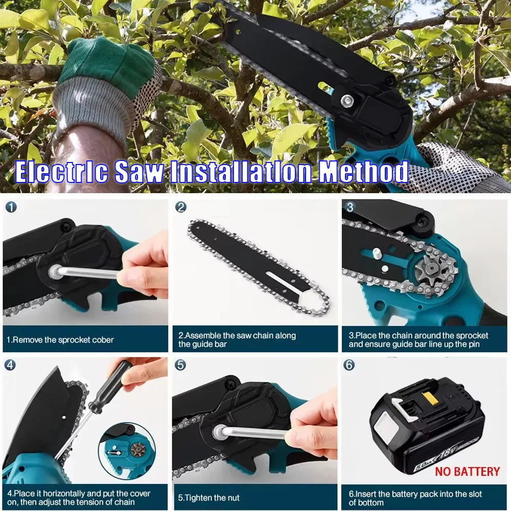6-Inch Mini Cordless Chainsaw Handheld Electric Power Tool for Tree Trimming Garden Saw Battery Operated Easy Cut Wood More