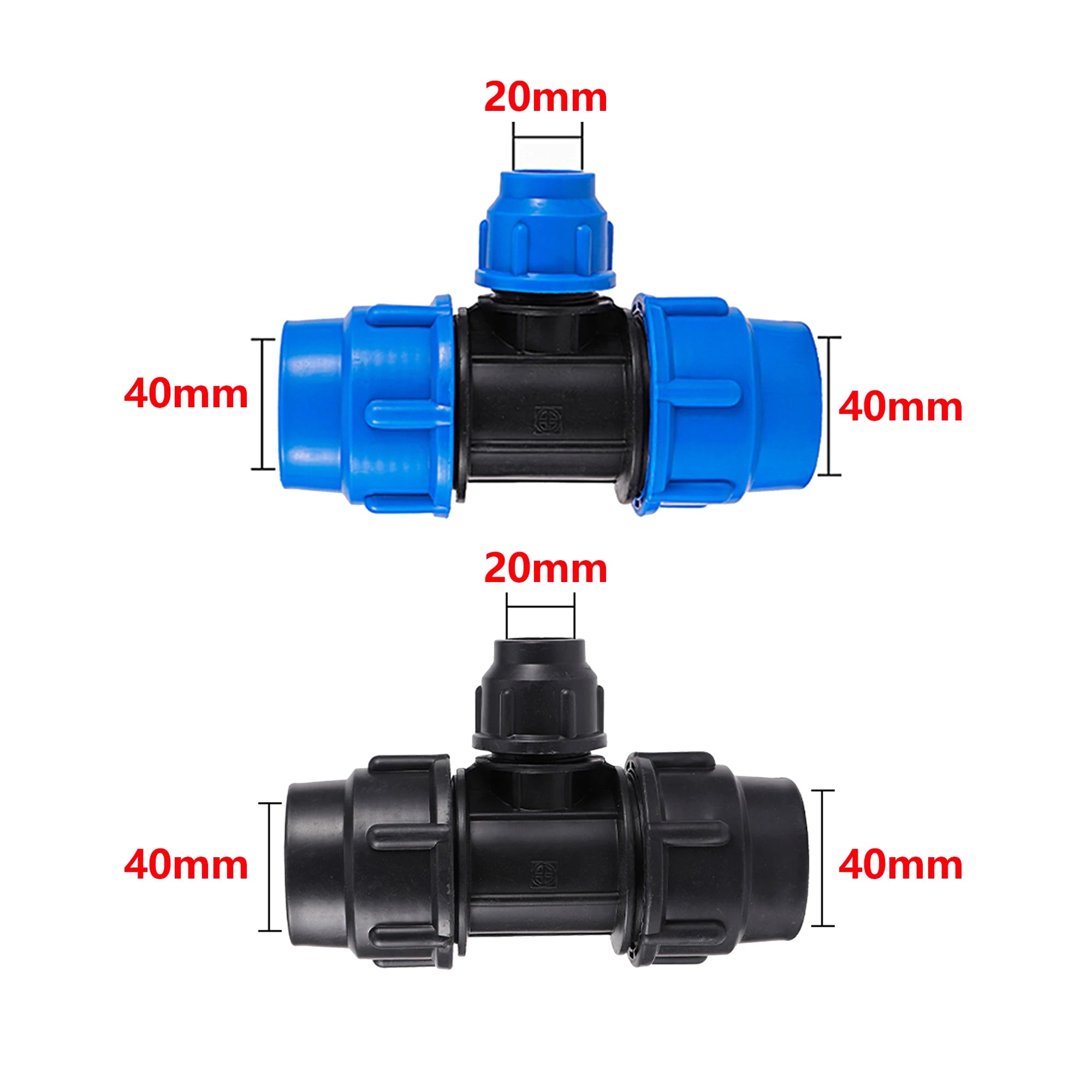 Conector de manguera reductor en T de tubo de PE de 20/25/32/40/50mm, accesorios para mangueras de riego de jardín, desviador de plástico