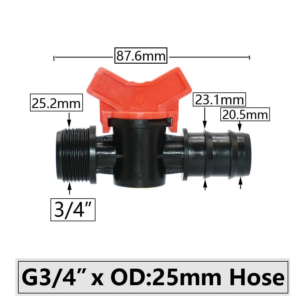Mini válvula de púas para manguera de 4/8/10/12/16/20/25mm, conectores de púas para grifo de jardín con rosca de 1/2 3/4 pulgadas, accesorio para sistema de riego por goteo