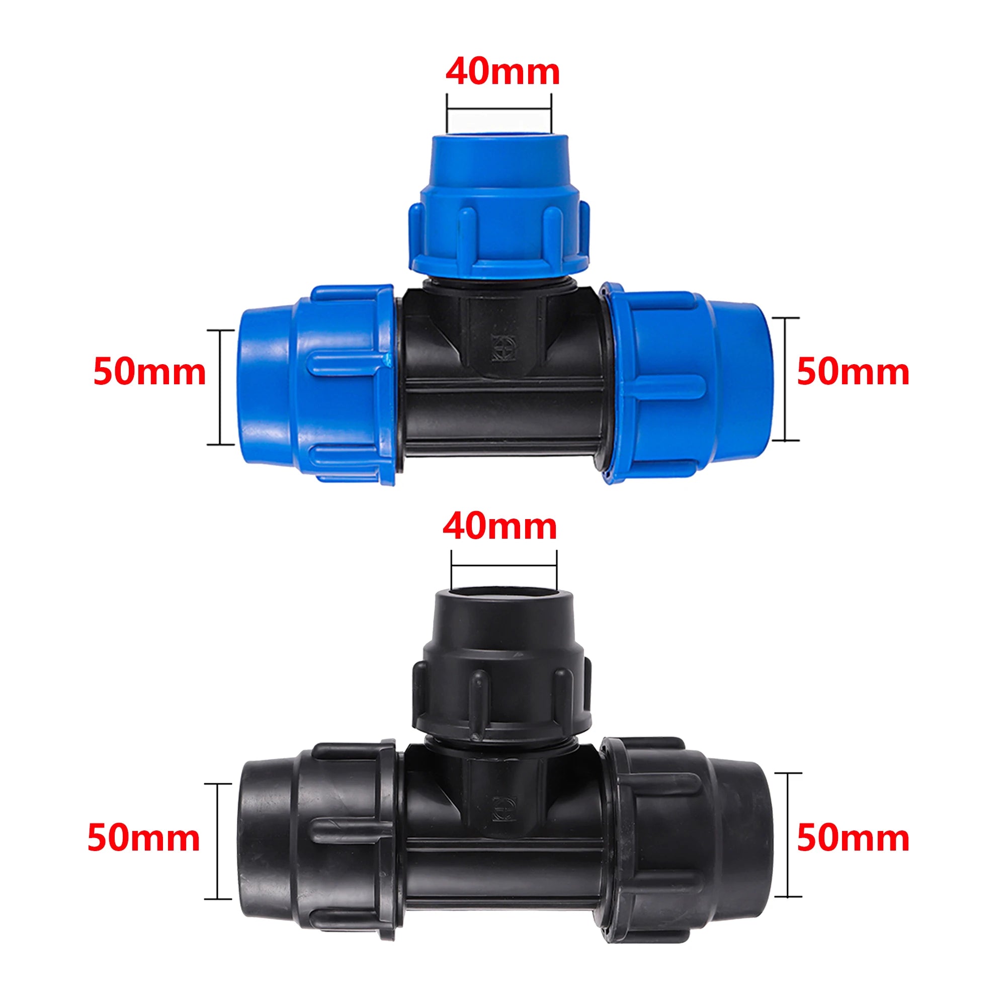 Conector de manguera reductor en T de tubo de PE de 20/25/32/40/50mm, accesorios para mangueras de riego de jardín, desviador de plástico