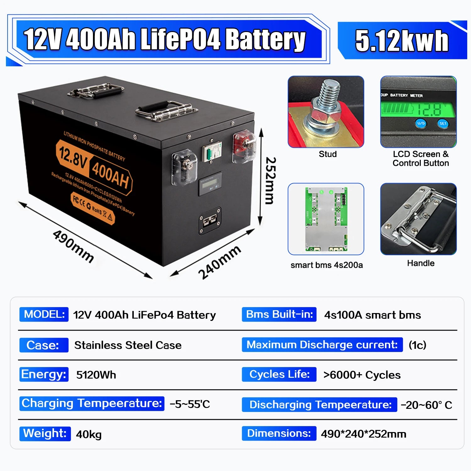 Brand New Lifepo4  Lifepo4 Lithium Battery 100A BMS 6000+ Cyclic for Inverter Solar RV No Tax