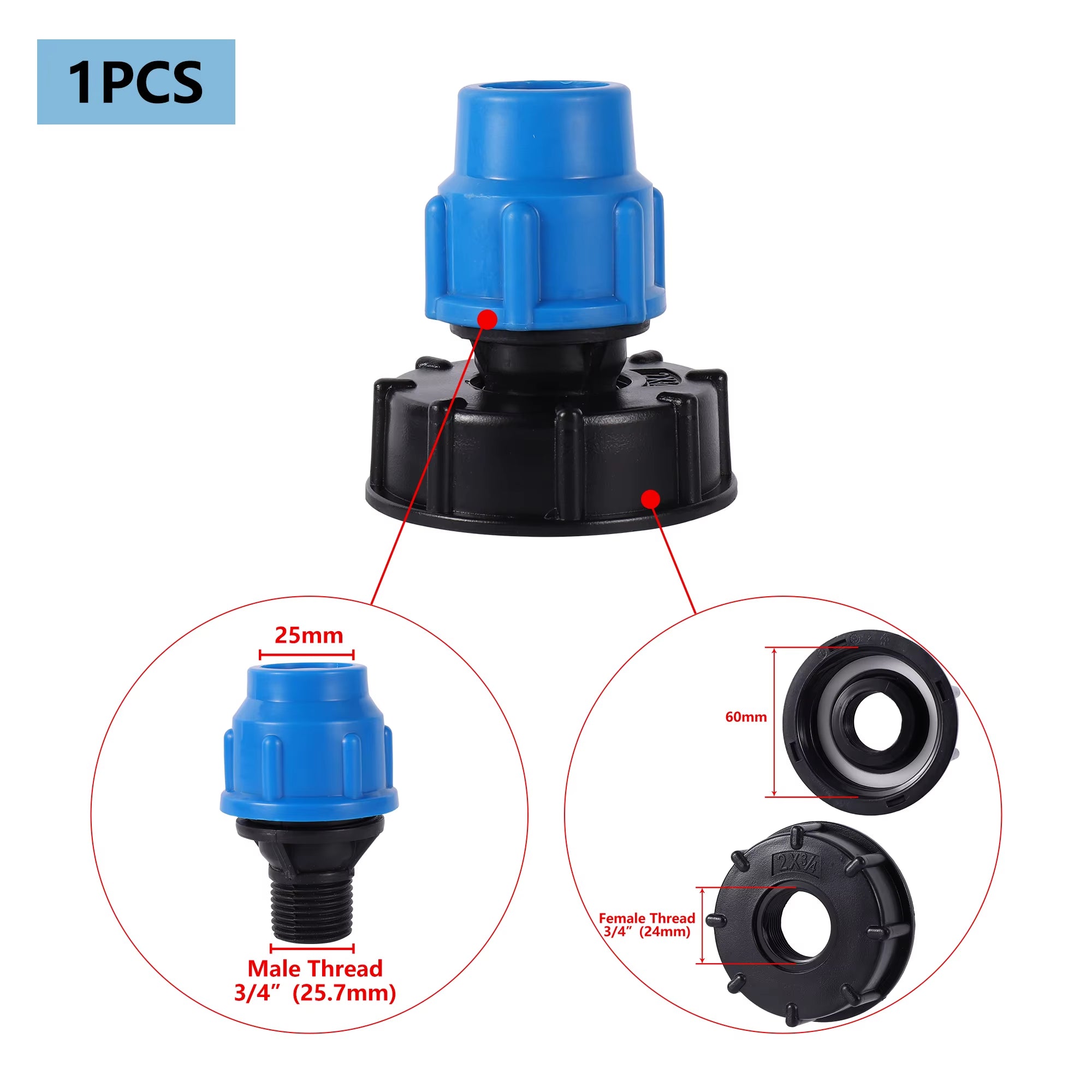 Accesorio de tanque IBC 20/25/32mm S60 IBC reductor de tanque Tee a adaptador de riego de jardín conector de agua de jardín