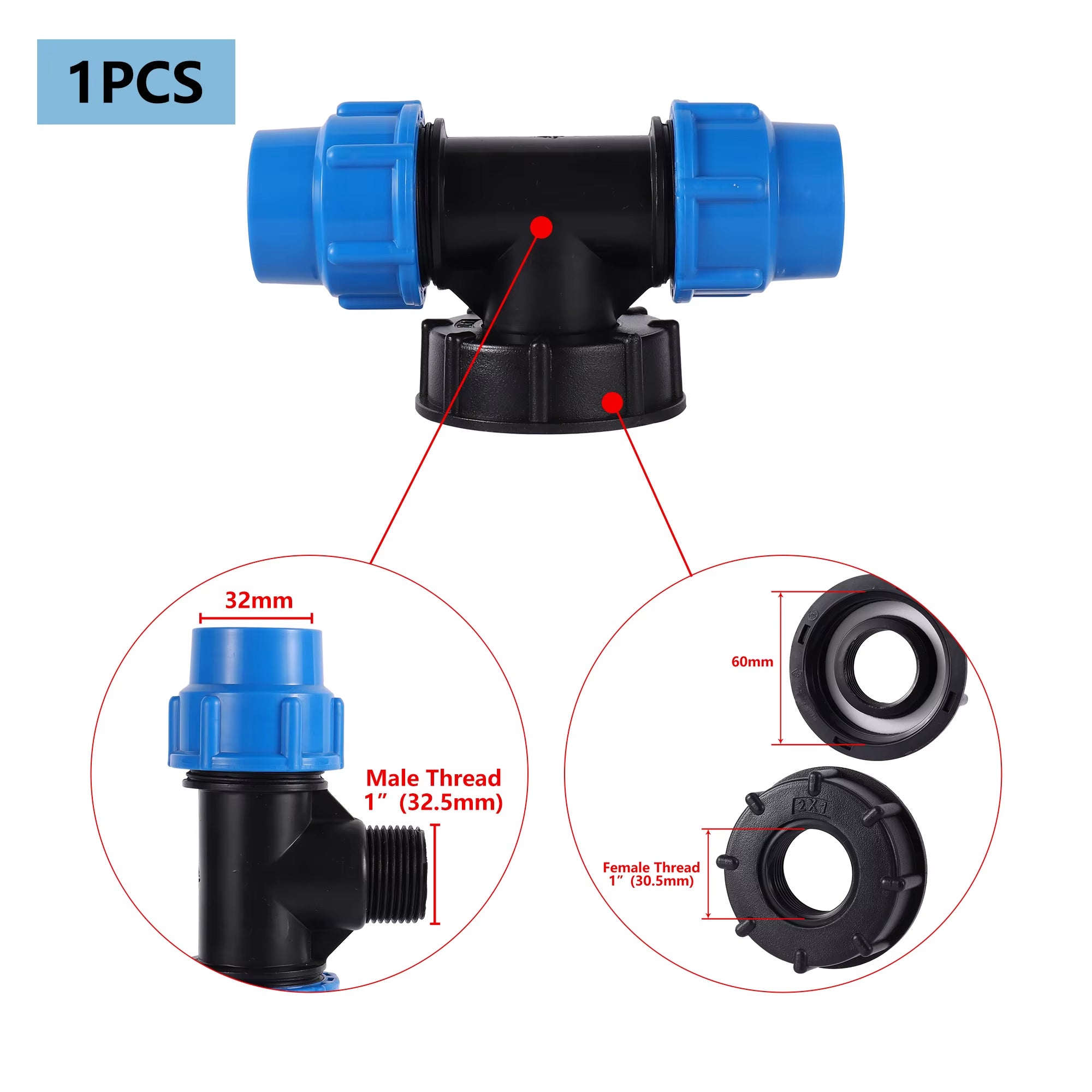 Accesorio de tanque IBC 20/25/32mm S60 IBC reductor de tanque Tee a adaptador de riego de jardín conector de agua de jardín