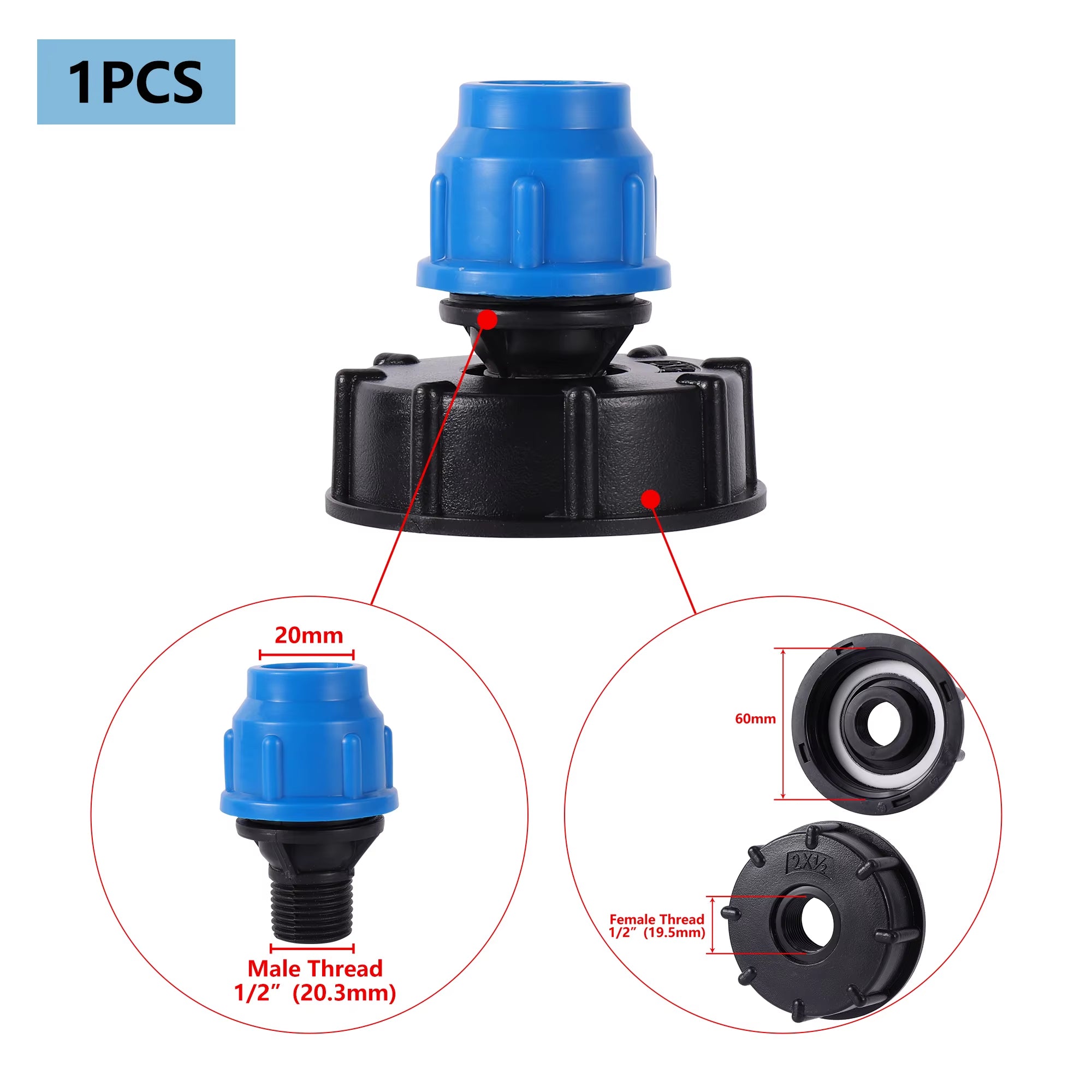 Accesorio de tanque IBC 20/25/32mm S60 IBC reductor de tanque Tee a adaptador de riego de jardín conector de agua de jardín