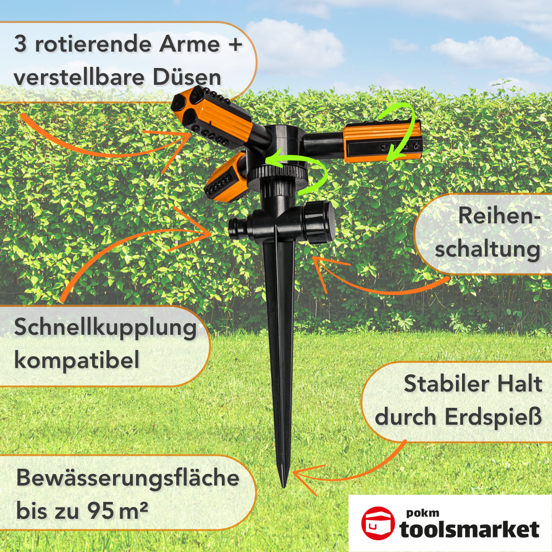 Aspersor TRIO 3 Brazo 360° Aspersor 95 M² Para Riego De Césped